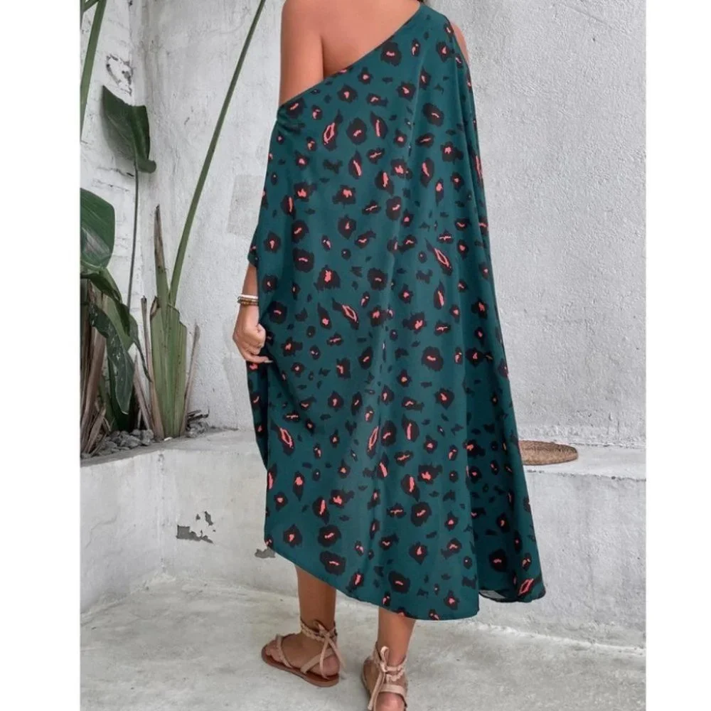 Dolman Sleeve Asymmetrical Neck animal Print Dip Hem Dress - Picture 4 of 6